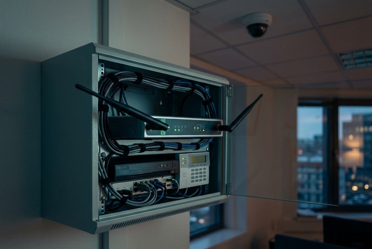 Field security cabinet with a modem, recorder and alarm panel